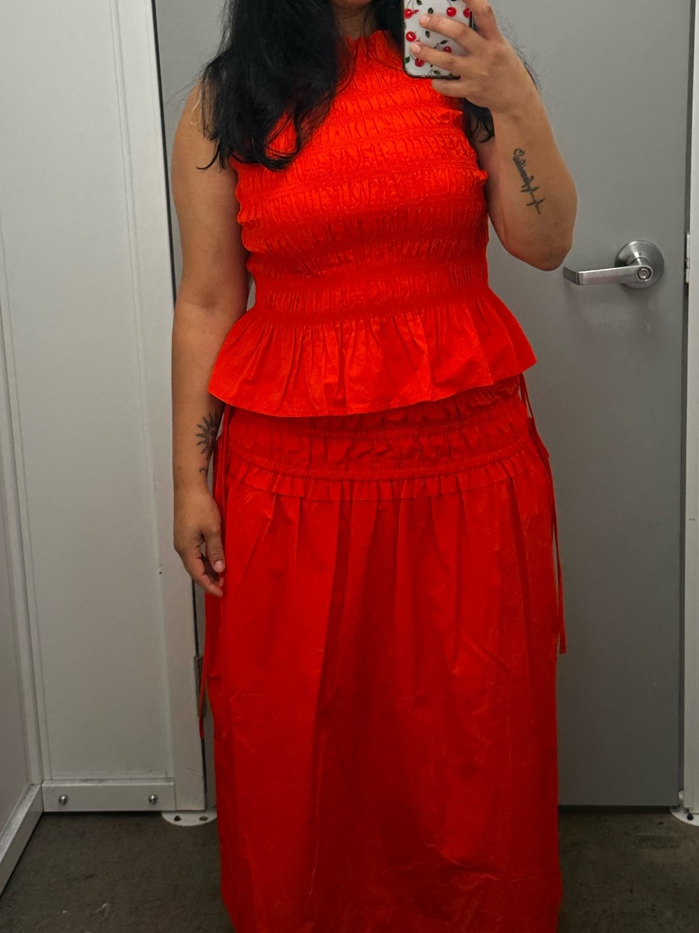 Bright Red Smocked Peplum Maxi Skirt Set
